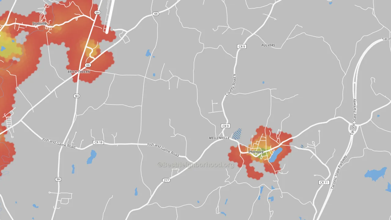 Walk Grade map of Mellenville, NY, walkable areas in green and car-dependent areas in red