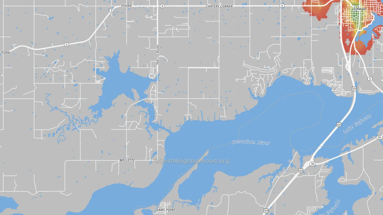 Walk Grade map of Mellette, OK, walkable areas in green and car-dependent areas in red