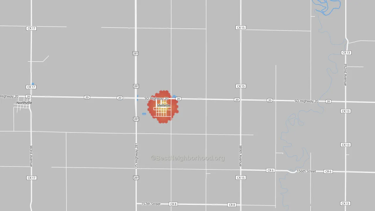 Walk Grade map of Mellette, SD, walkable areas in green and car-dependent areas in red