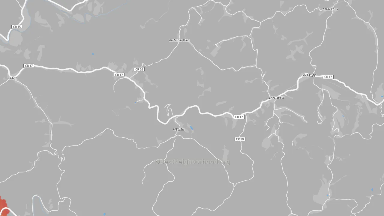 Walk Grade map of Mellin, WV, walkable areas in green and car-dependent areas in red
