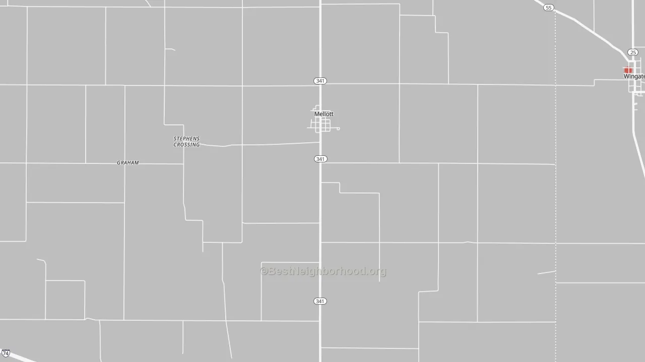 Walk Grade map of Mellott, IN, walkable areas in green and car-dependent areas in red