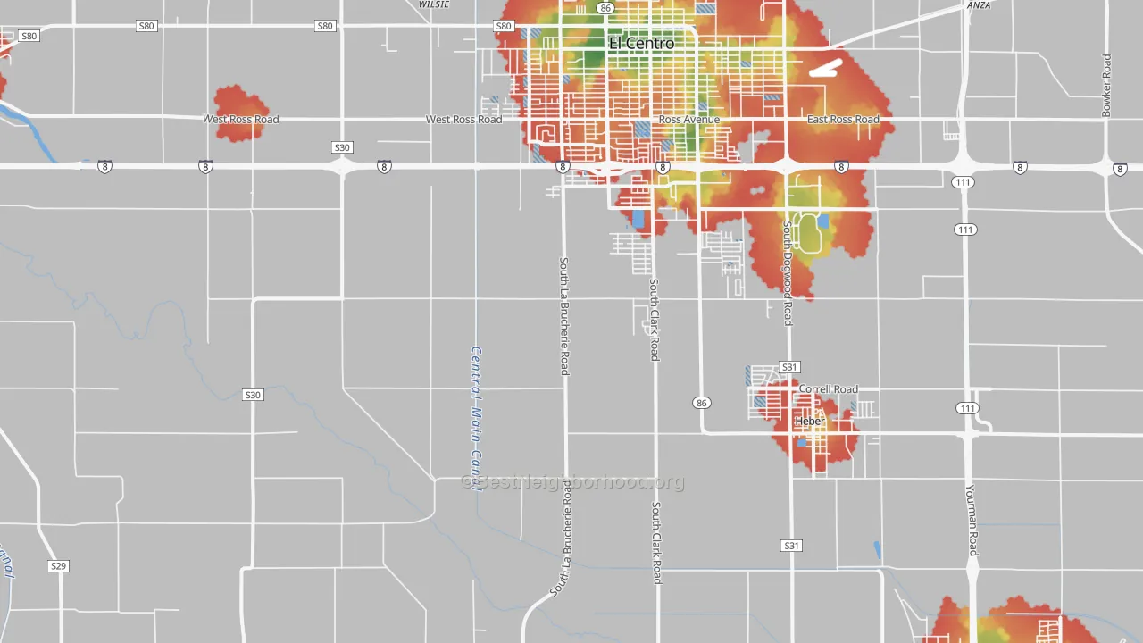 Walk Grade map of Meloland, CA, walkable areas in green and car-dependent areas in red