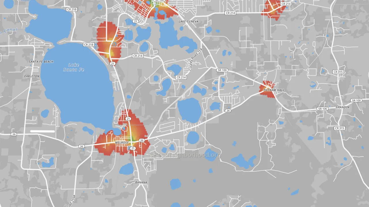 Walk Grade map of Melrose, FL, walkable areas in green and car-dependent areas in red