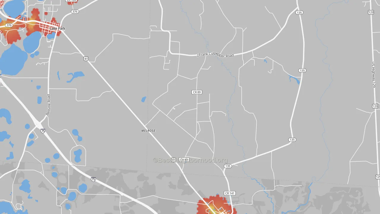 Walk Grade map of Melrose, GA, walkable areas in green and car-dependent areas in red