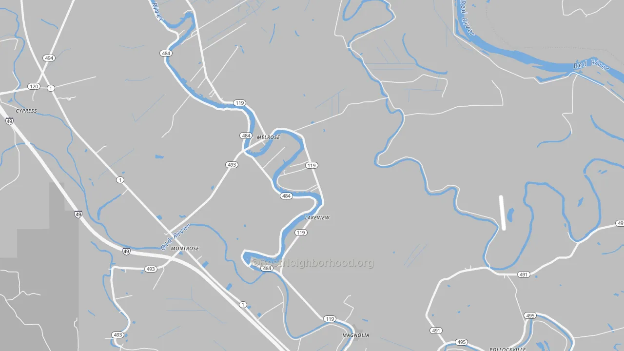 Walk Grade map of Melrose, LA, walkable areas in green and car-dependent areas in red