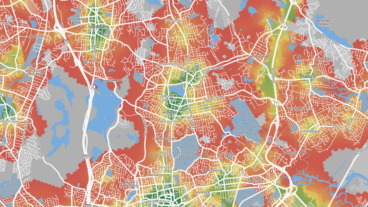 Walk Grade map of Melrose, MA, walkable areas in green and car-dependent areas in red
