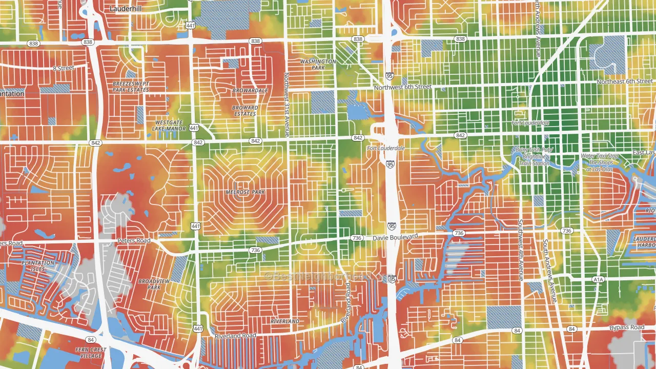 Walk Grade map of Melrose Manors, Fort Lauderdale, FL, walkable areas in green and car-dependent areas in red