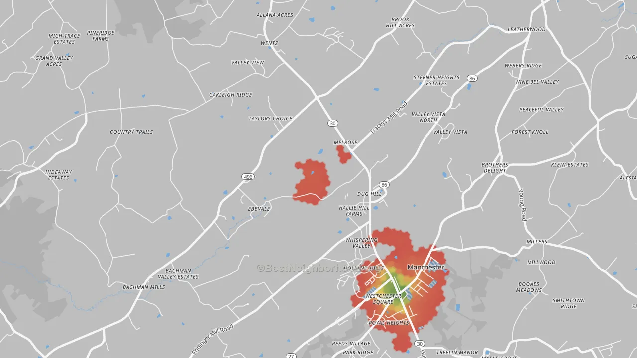 Walk Grade map of Melrose, MD, walkable areas in green and car-dependent areas in red