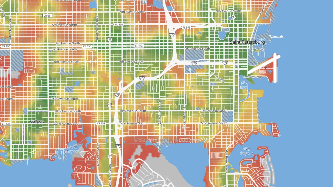 Walk Grade map of Melrose Mercy, St. Petersburg, FL, walkable areas in green and car-dependent areas in red