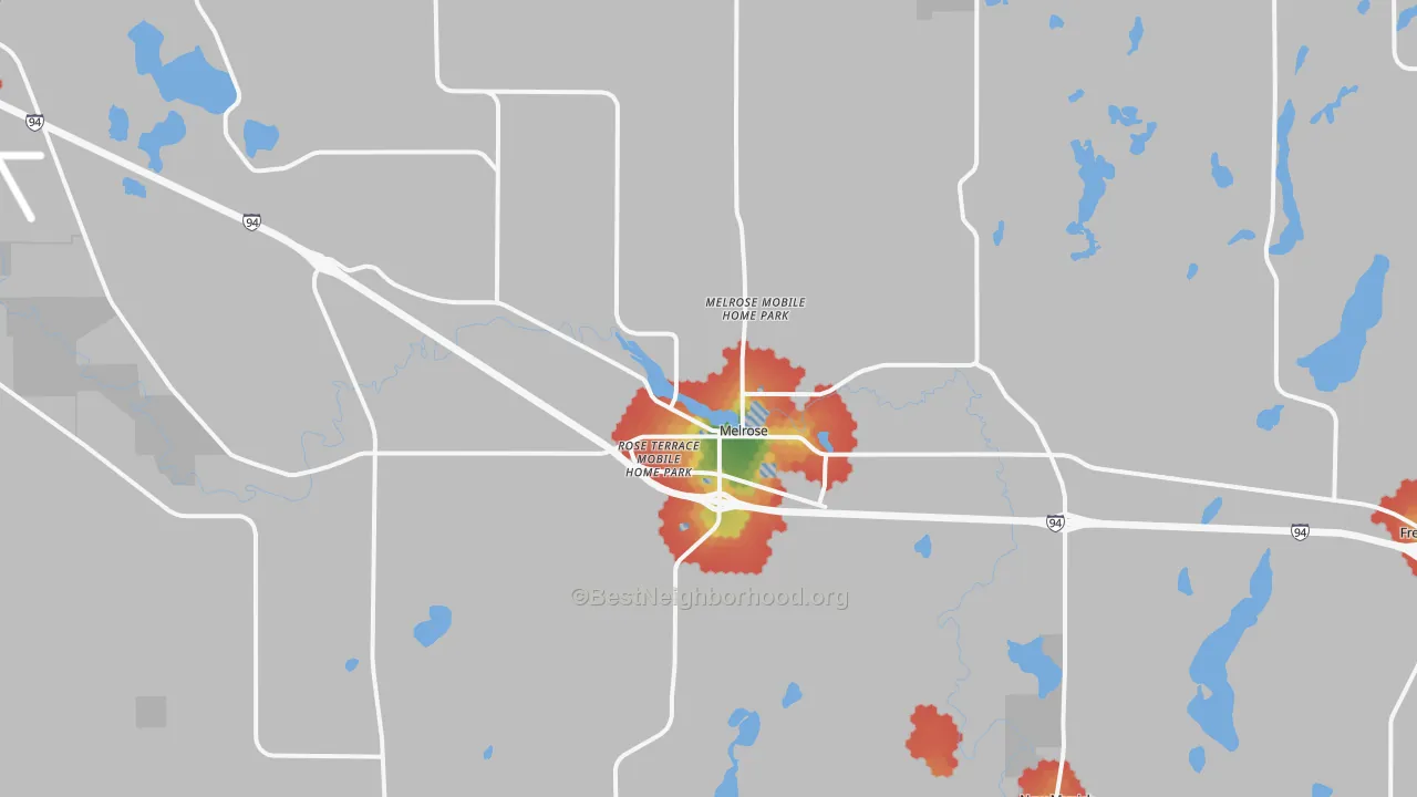 Walk Grade map of Melrose, MN, walkable areas in green and car-dependent areas in red