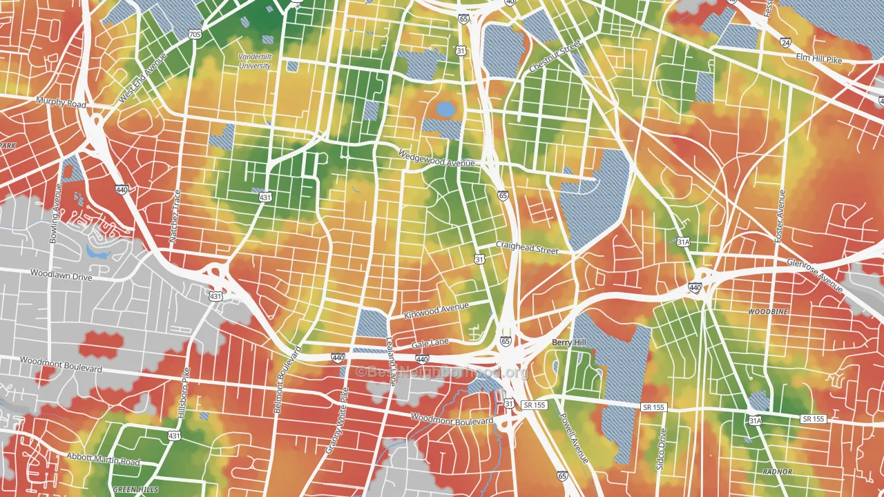 Walk Grade map of Melrose, Nashville, TN, walkable areas in green and car-dependent areas in red