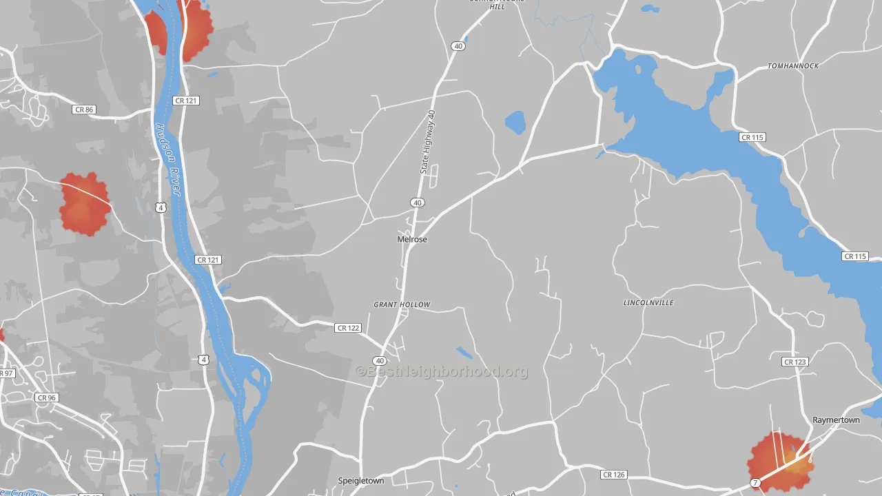 Walk Grade map of Melrose, NY, walkable areas in green and car-dependent areas in red
