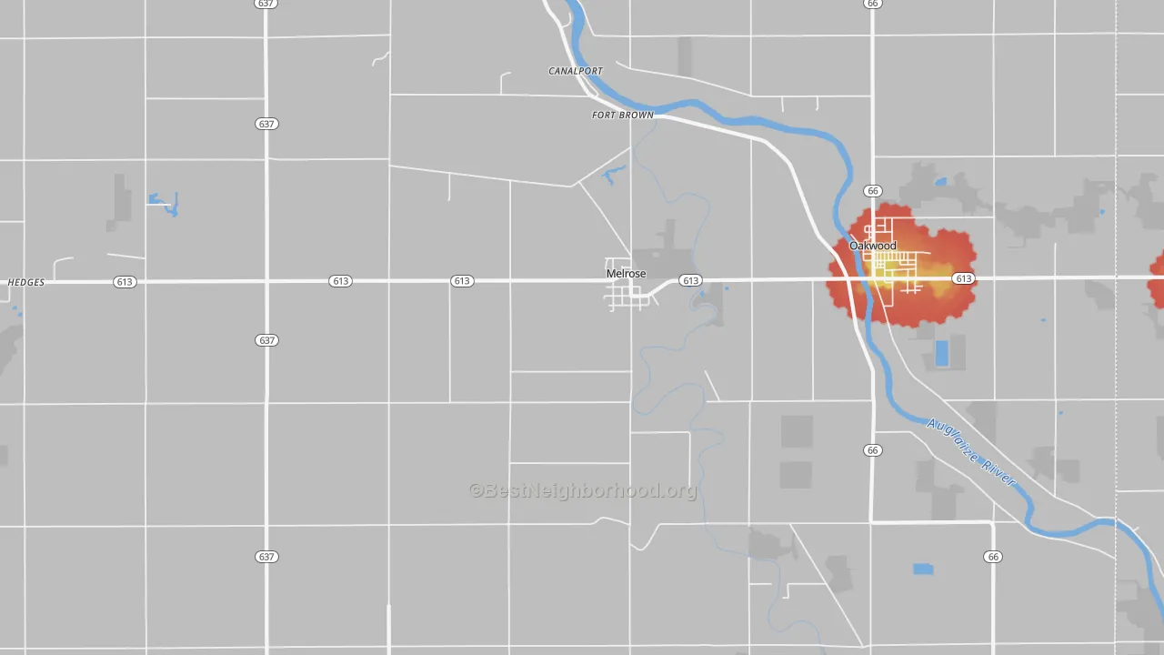 Walk Grade map of Melrose, OH, walkable areas in green and car-dependent areas in red