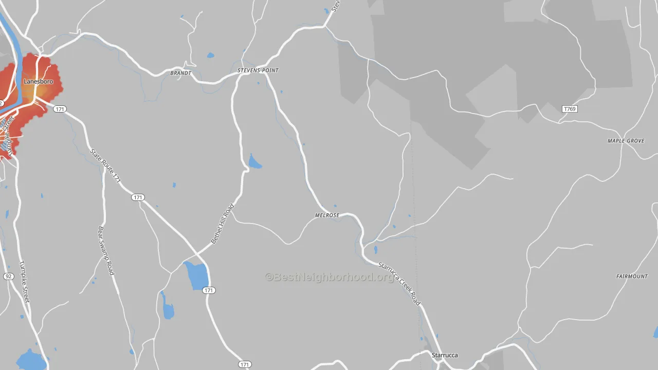 Walk Grade map of Melrose, PA, walkable areas in green and car-dependent areas in red