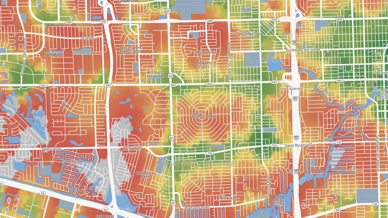 Walk Grade map of Melrose Park, Fort Lauderdale, FL, walkable areas in green and car-dependent areas in red