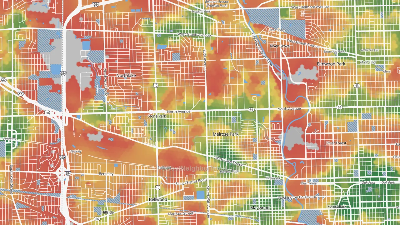 Walk Grade map of Melrose Park, IL, walkable areas in green and car-dependent areas in red