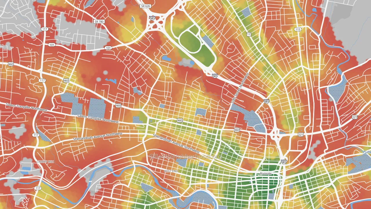 Walk Grade map of Melrose-Rugby, Roanoke, VA, walkable areas in green and car-dependent areas in red