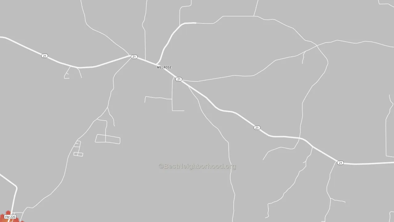 Walk Grade map of Melrose, TX, walkable areas in green and car-dependent areas in red