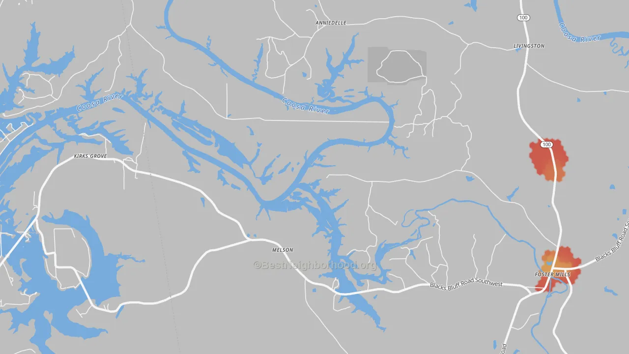 Walk Grade map of Melson, GA, walkable areas in green and car-dependent areas in red