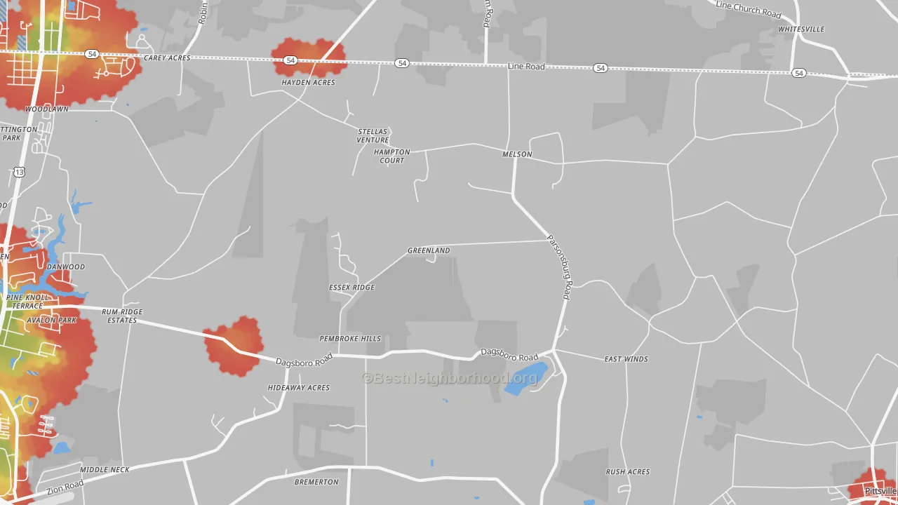 Walk Grade map of Melson, MD, walkable areas in green and car-dependent areas in red
