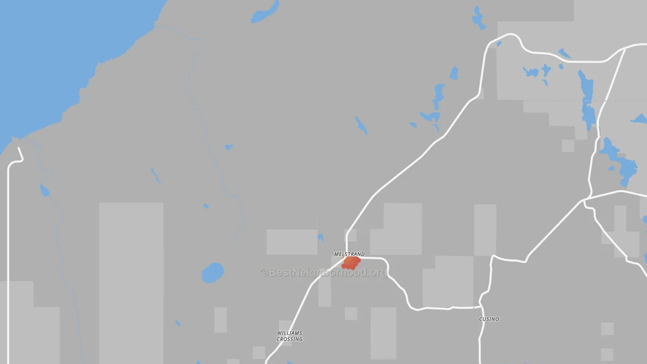Walk Grade map of Melstrand, MI, walkable areas in green and car-dependent areas in red
