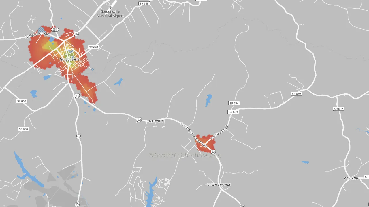 Walk Grade map of Melton, VA, walkable areas in green and car-dependent areas in red