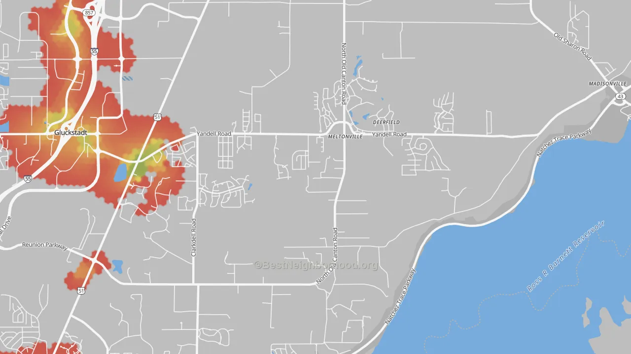 Walk Grade map of Meltonville, MS, walkable areas in green and car-dependent areas in red