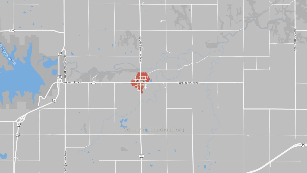 Walk Grade map of Melvern, KS, walkable areas in green and car-dependent areas in red