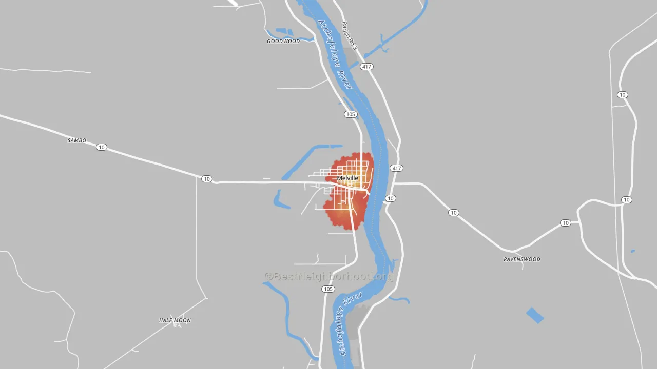 Walk Grade map of Melville, LA, walkable areas in green and car-dependent areas in red