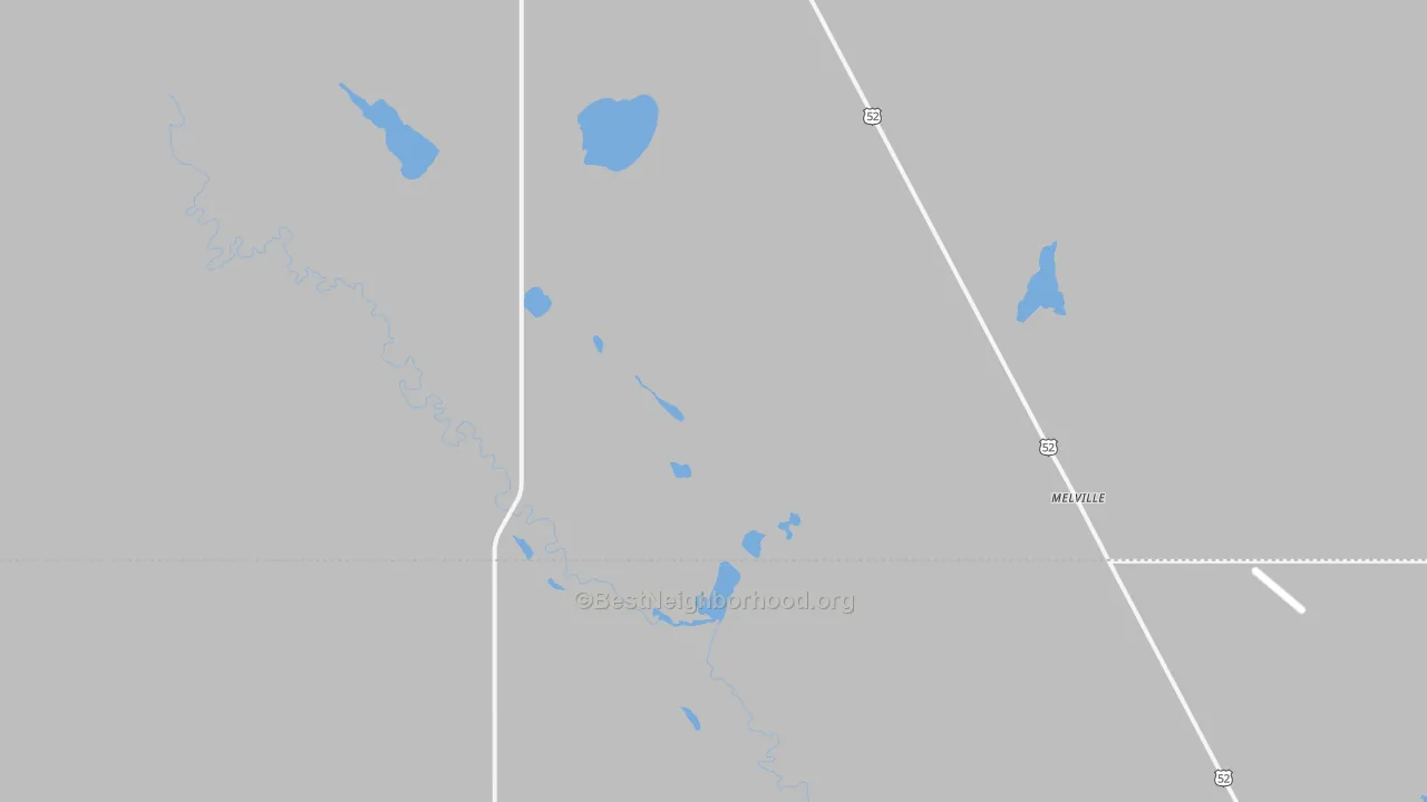 Walk Grade map of Melville, ND, walkable areas in green and car-dependent areas in red