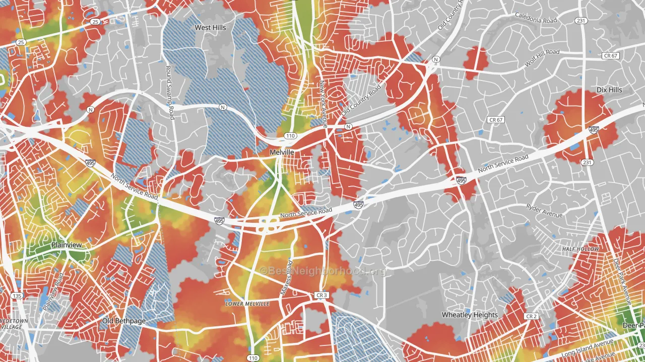 Walk Grade map of Melville, NY, walkable areas in green and car-dependent areas in red