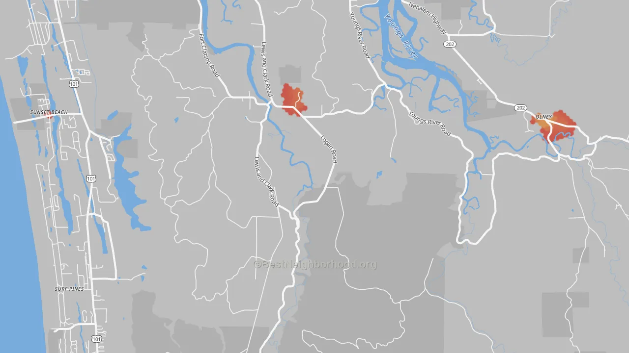 Walk Grade map of Melville, OR, walkable areas in green and car-dependent areas in red