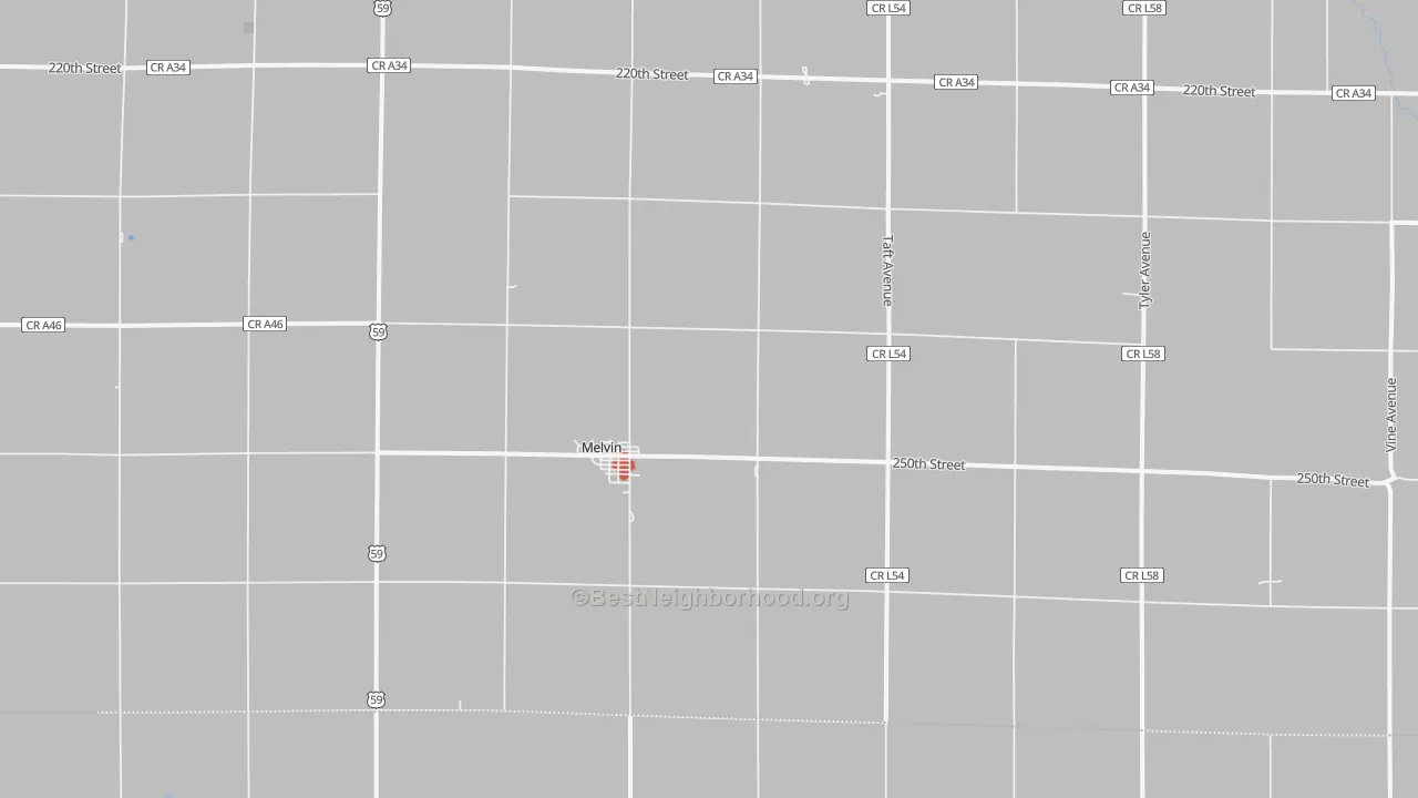 Walk Grade map of Melvin, IA, walkable areas in green and car-dependent areas in red