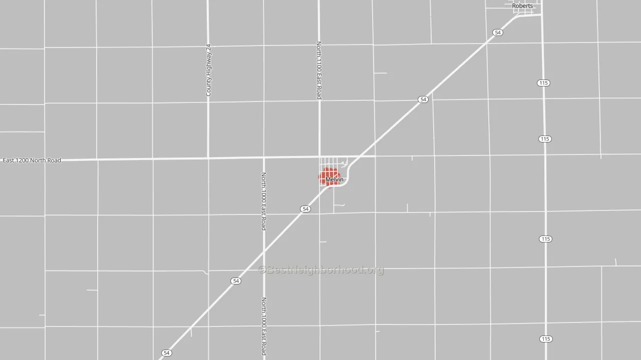 Walk Grade map of Melvin, IL, walkable areas in green and car-dependent areas in red