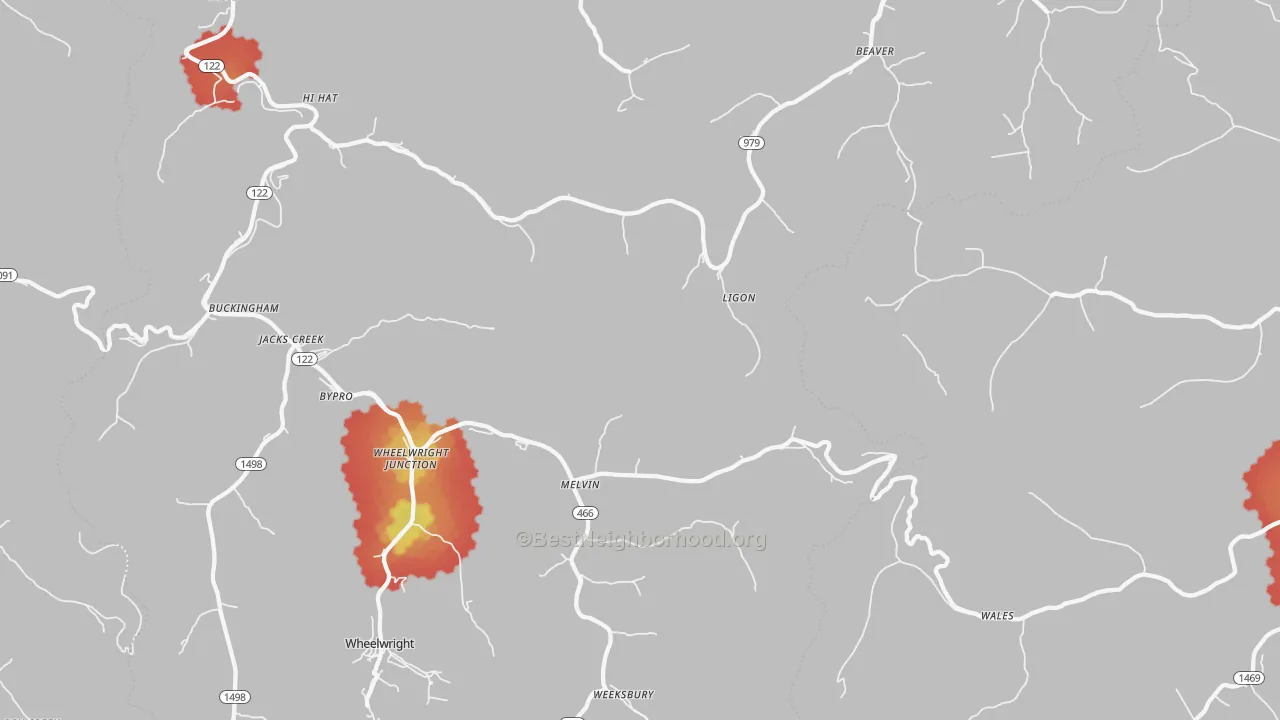 Walk Grade map of Melvin, KY, walkable areas in green and car-dependent areas in red