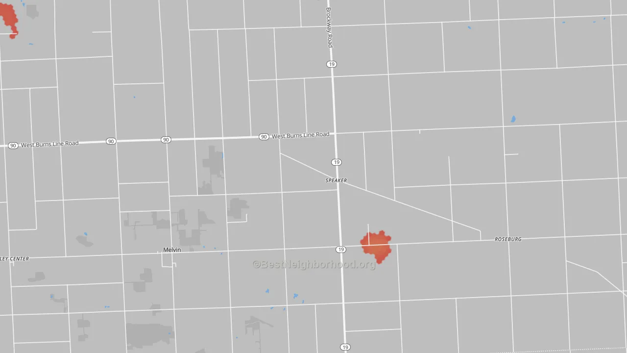 Walk Grade map of Melvin, MI, walkable areas in green and car-dependent areas in red