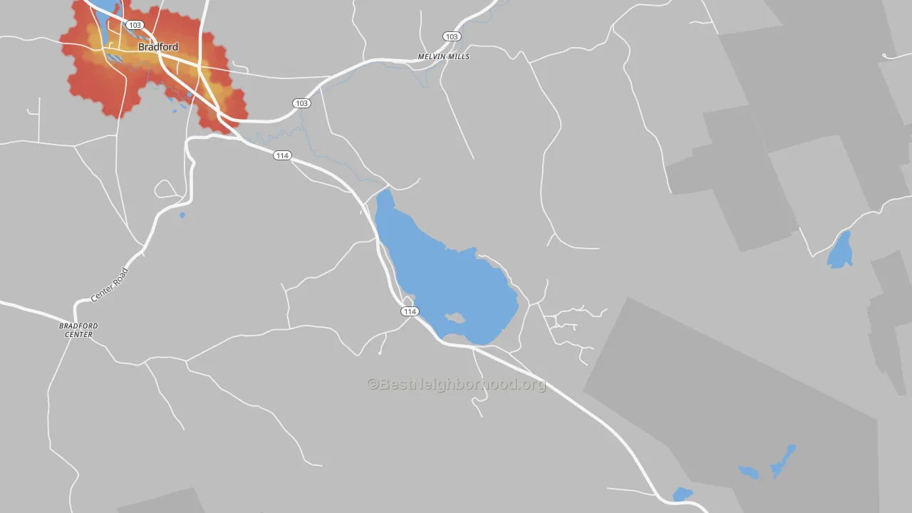 Walk Grade map of Melvin Mills, NH, walkable areas in green and car-dependent areas in red