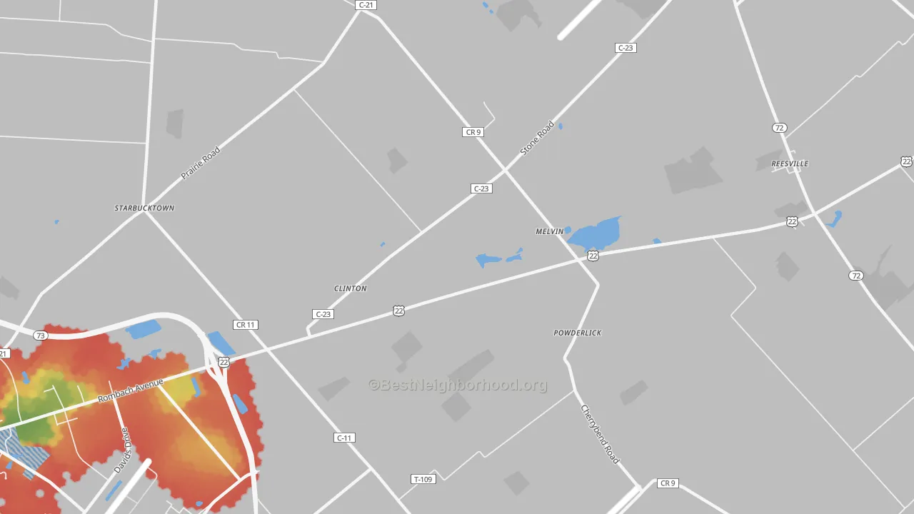 Walk Grade map of Melvin, OH, walkable areas in green and car-dependent areas in red