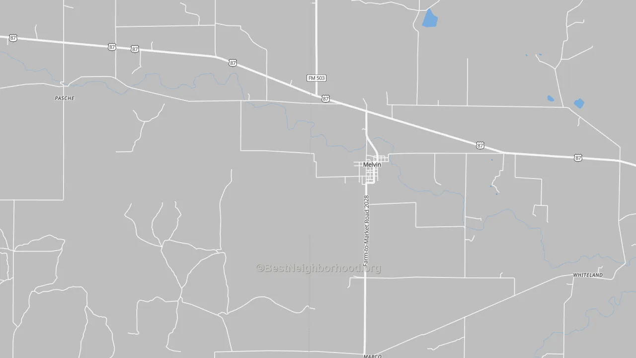 Walk Grade map of Melvin, TX, walkable areas in green and car-dependent areas in red
