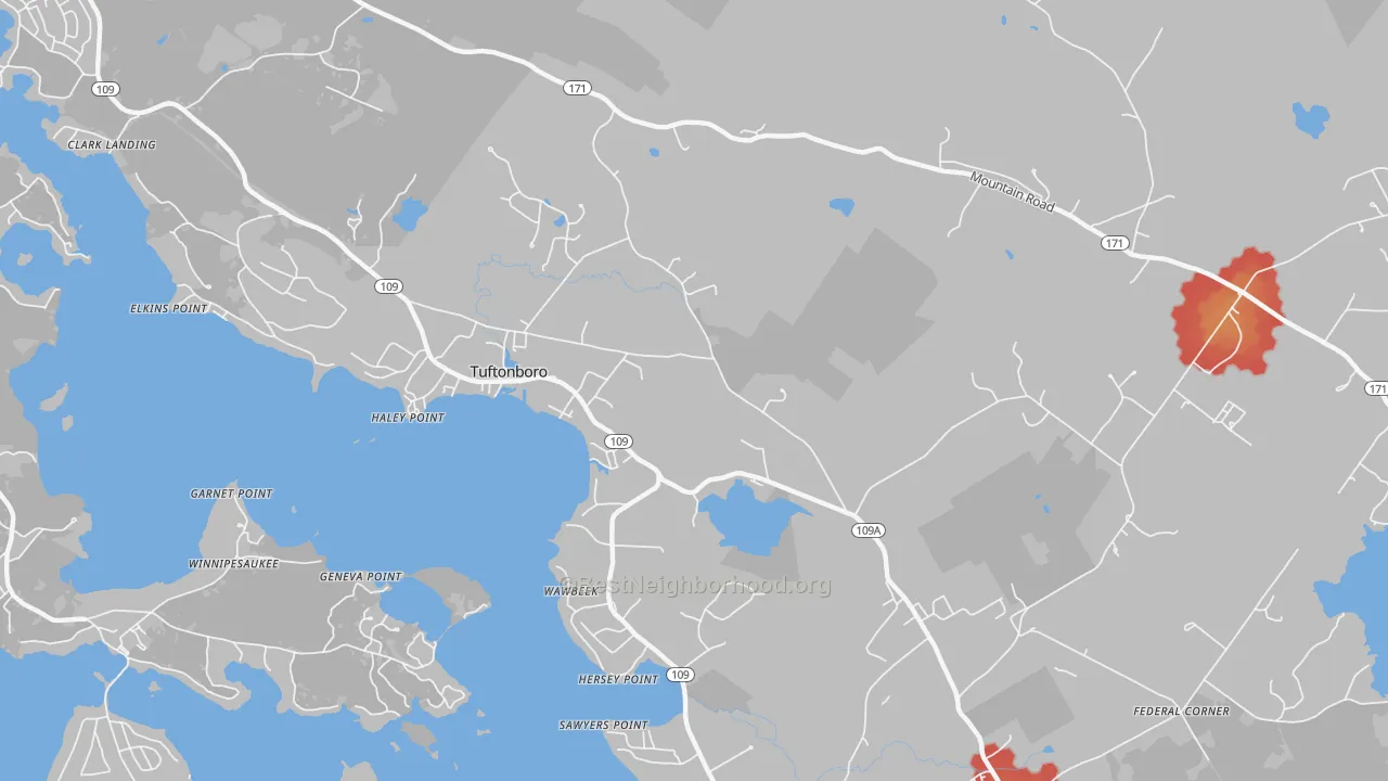 Walk Grade map of Melvin Village, NH, walkable areas in green and car-dependent areas in red