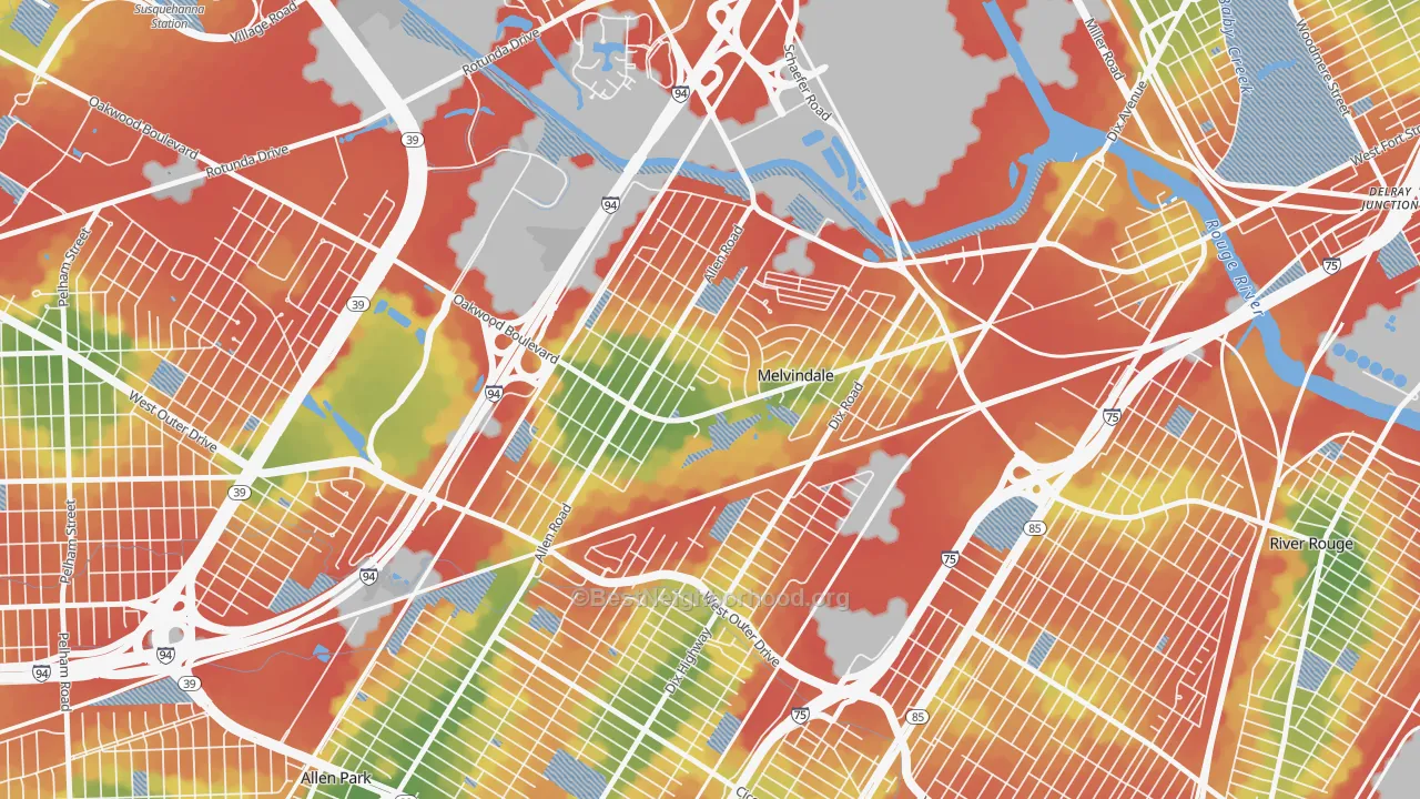 Walk Grade map of Melvindale, MI, walkable areas in green and car-dependent areas in red