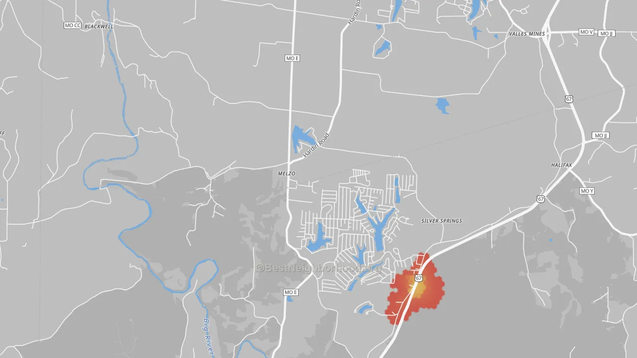 Walk Grade map of Melzo, MO, walkable areas in green and car-dependent areas in red