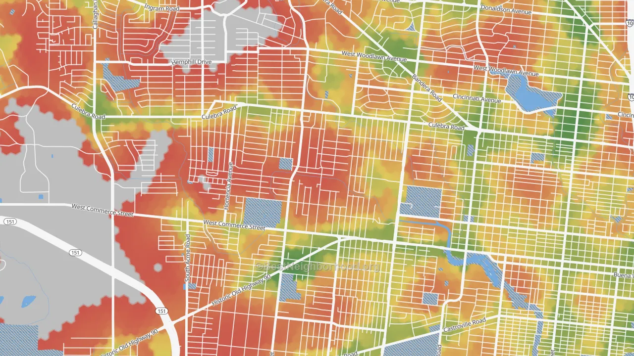 Walk Grade map of Memorial Heights, San Antonio, TX, walkable areas in green and car-dependent areas in red