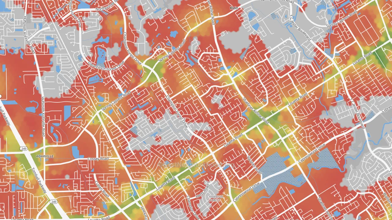 Walk Grade map of Memorial Northwest, Spring, TX, walkable areas in green and car-dependent areas in red