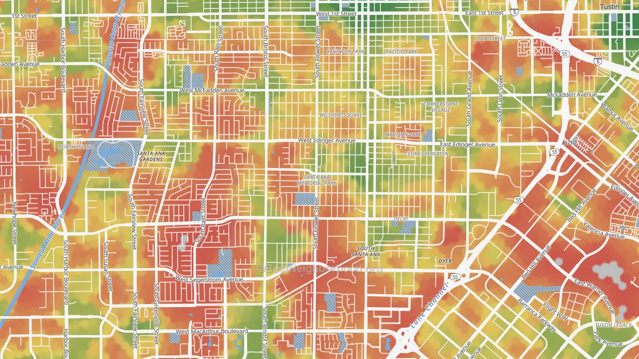 Walk Grade map of Memorial Park, Santa Ana, CA, walkable areas in green and car-dependent areas in red