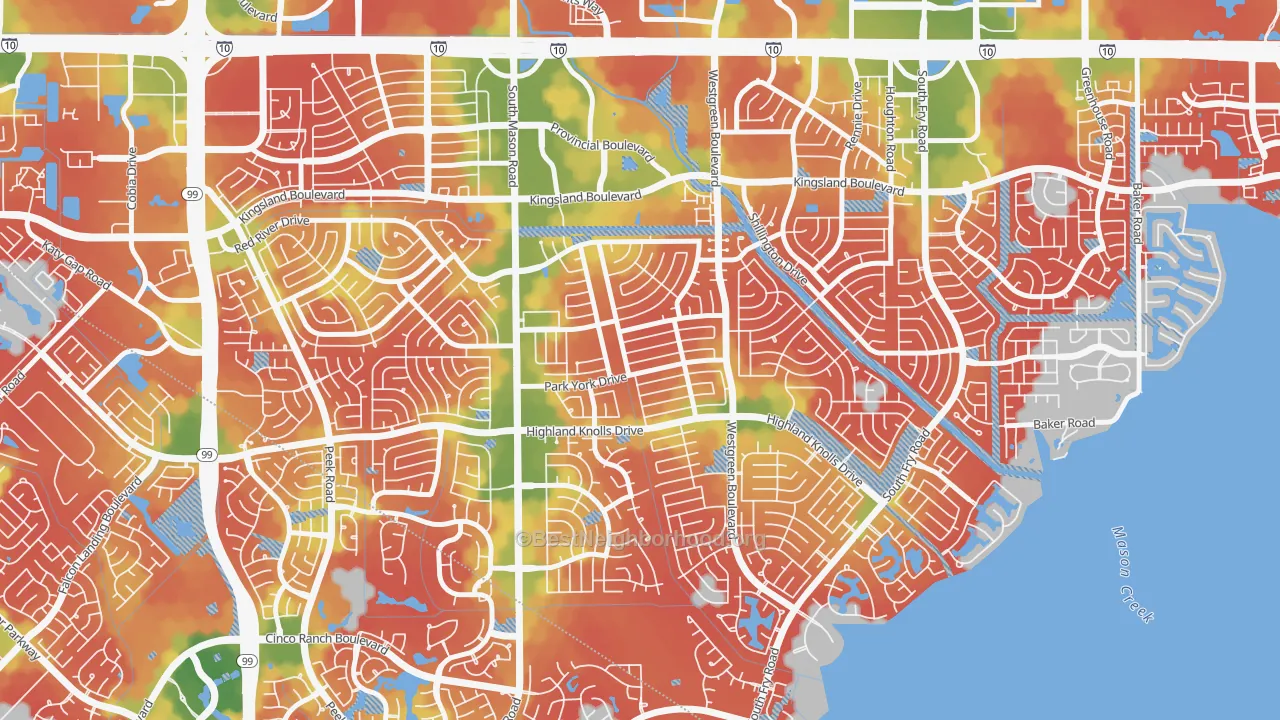 Walk Grade map of Memorial Parkway, Katy, TX, walkable areas in green and car-dependent areas in red