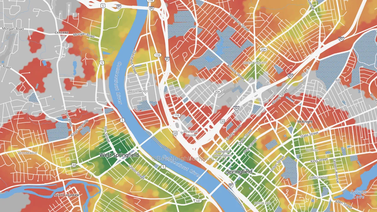 Walk Grade map of Memorial Square, Springfield, MA, walkable areas in green and car-dependent areas in red