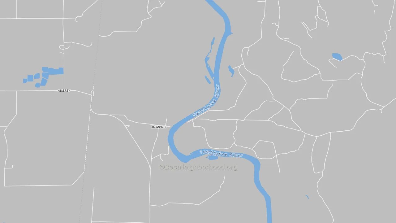 Walk Grade map of Memphis, AL, walkable areas in green and car-dependent areas in red
