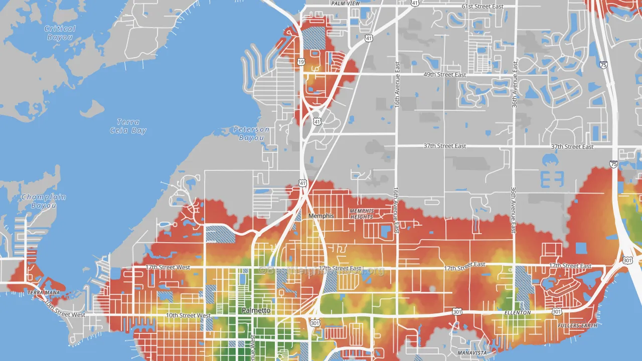 Walk Grade map of Memphis, FL, walkable areas in green and car-dependent areas in red