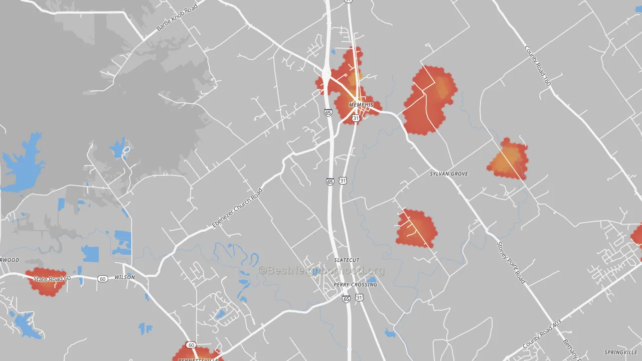 Walk Grade map of Memphis, IN, walkable areas in green and car-dependent areas in red